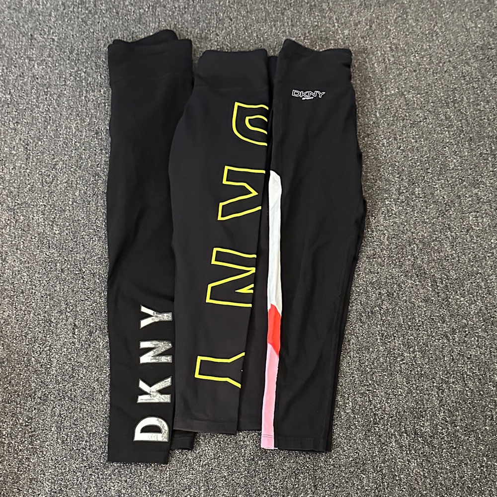 3 pairs/DKNY Black Leggings with Neon Yellow Logo, city logo, Pink-Red Stripe